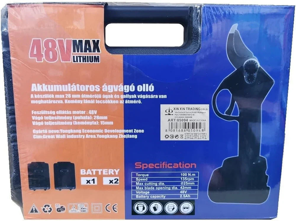 Cesoia Elettrica 48V Professionale – Forbice da Potatura Senza Fili con 2 Batterie al Litio