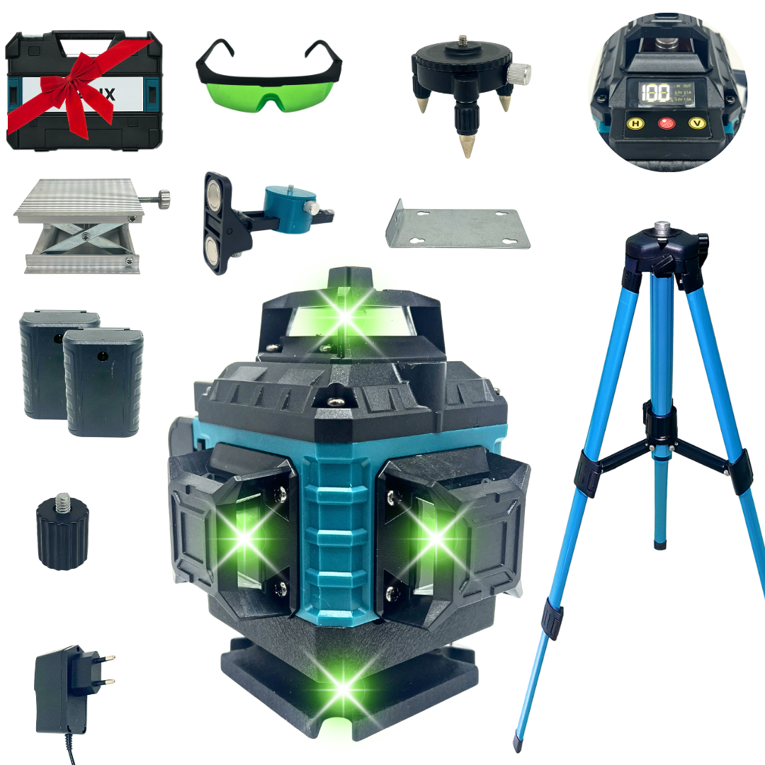 Livella Laser 16 Linee 4D 360° Dealix – Verde Autolivellante con Treppiede e Telecomando | Batteria Ricaricabile | Alta Precisione per Interni ed Esterni