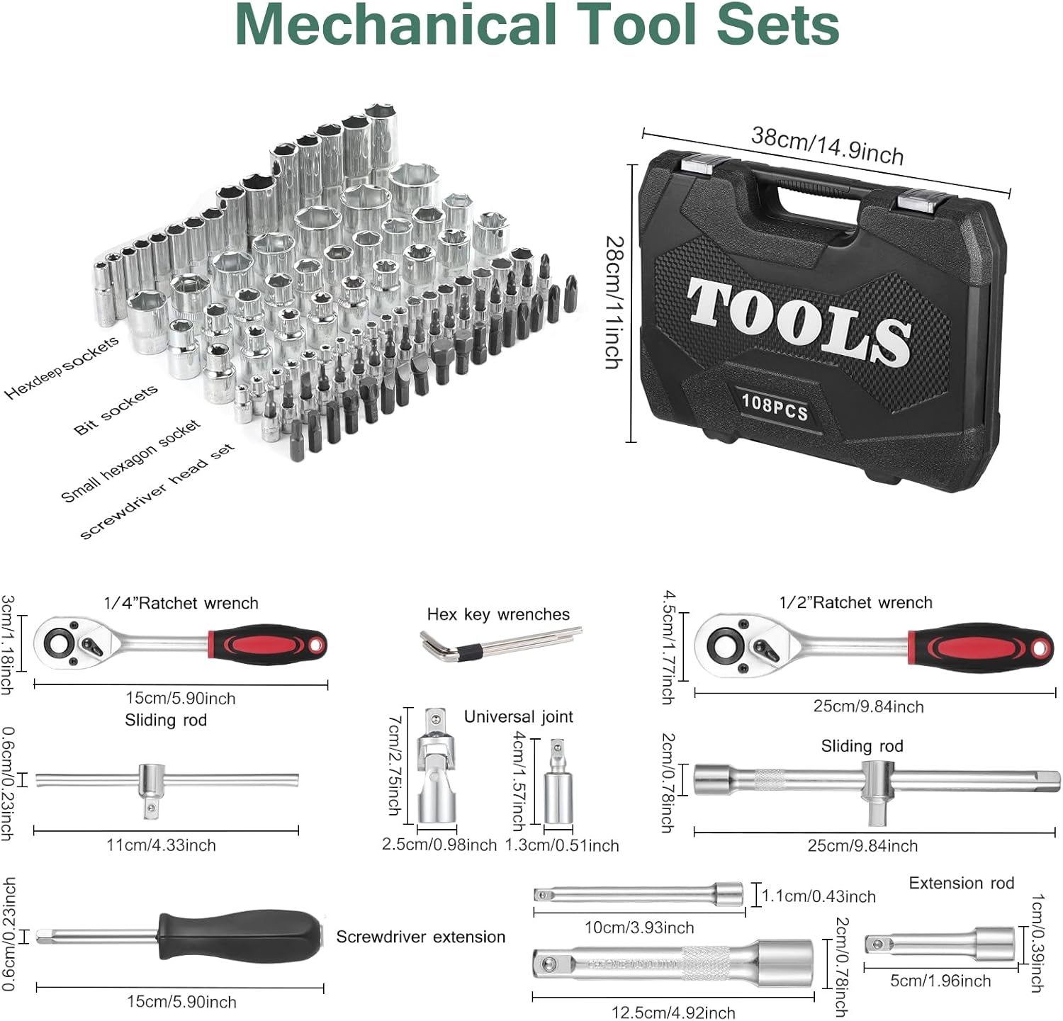 Set bussole e chiavi a cricchetto professionale con valigetta rigida – 108 pezzi