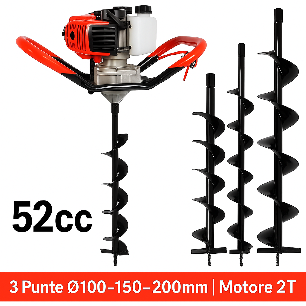 Trivella a Scoppio STAGLUCK 52cc – Motore 2 Tempi Potente | Set 3 Punte 100/150/200 mm | Trapano per Terreno Professionale | Scavatore di Buche per Pali e Piante