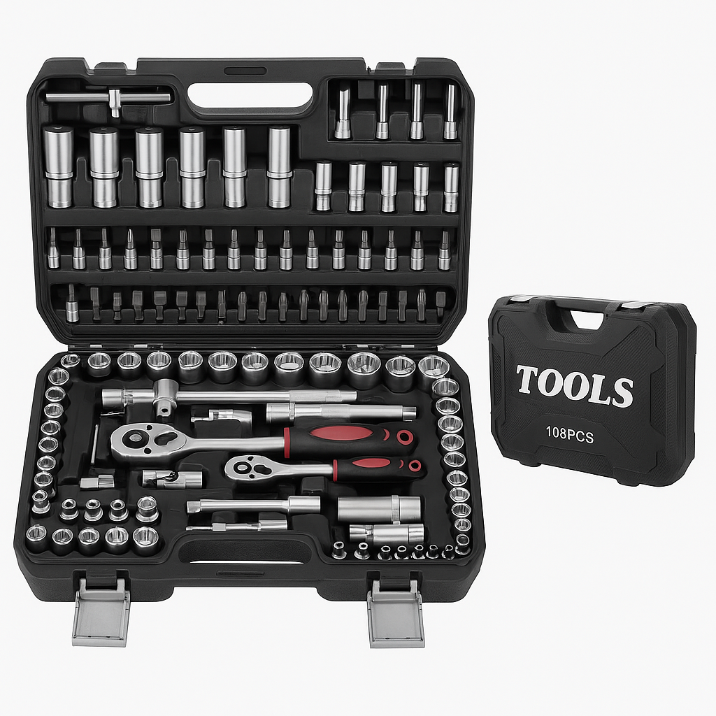 Set bussole e chiavi a cricchetto professionale con valigetta rigida – 108 pezzi