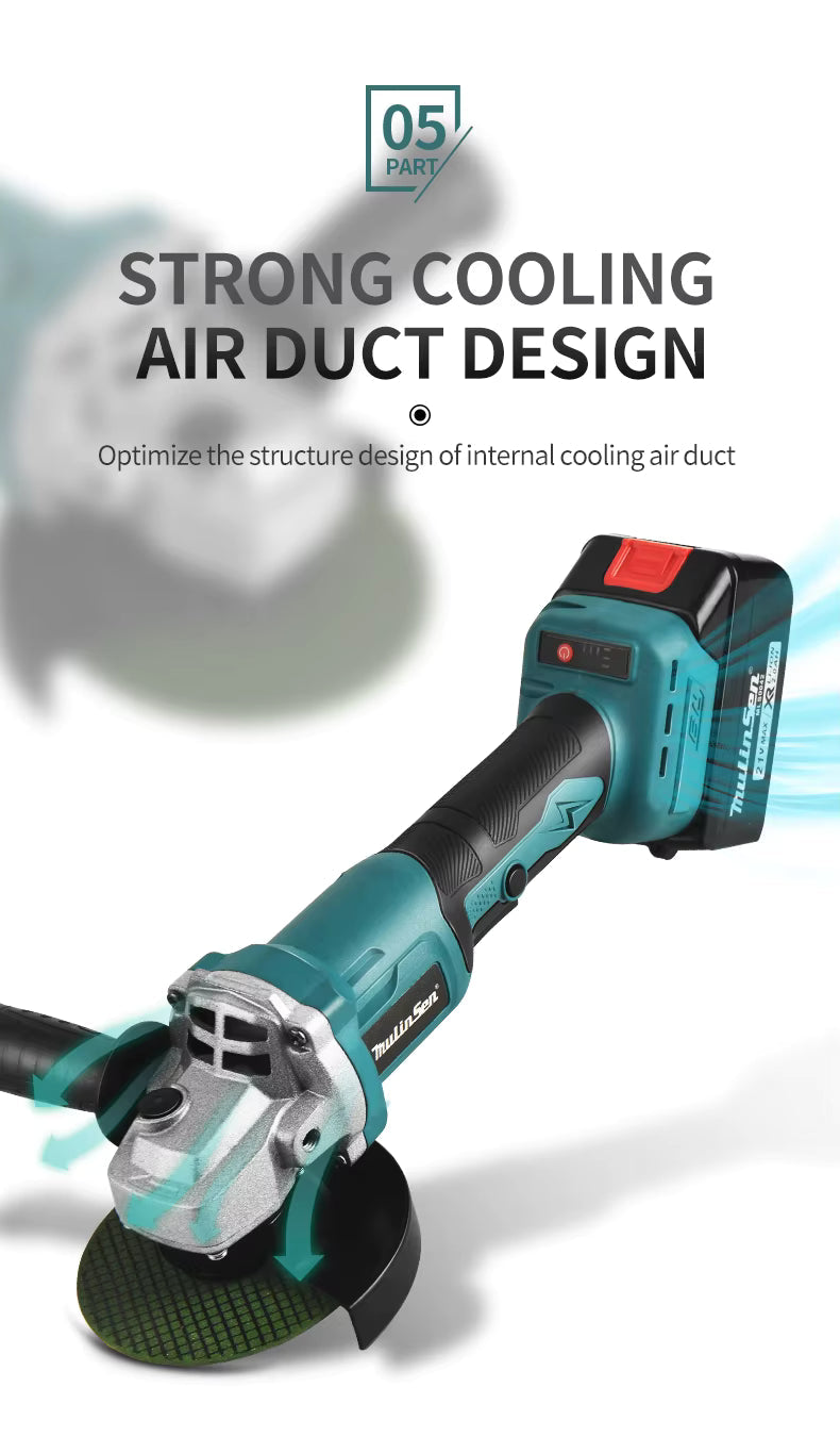 Smerigliatrice Angolare a Batteria 21V Brushless – Mulinsen | Disco 125mm | 2 Batterie al Litio | Motore Potente e Leggero per Taglio e Lucidatura