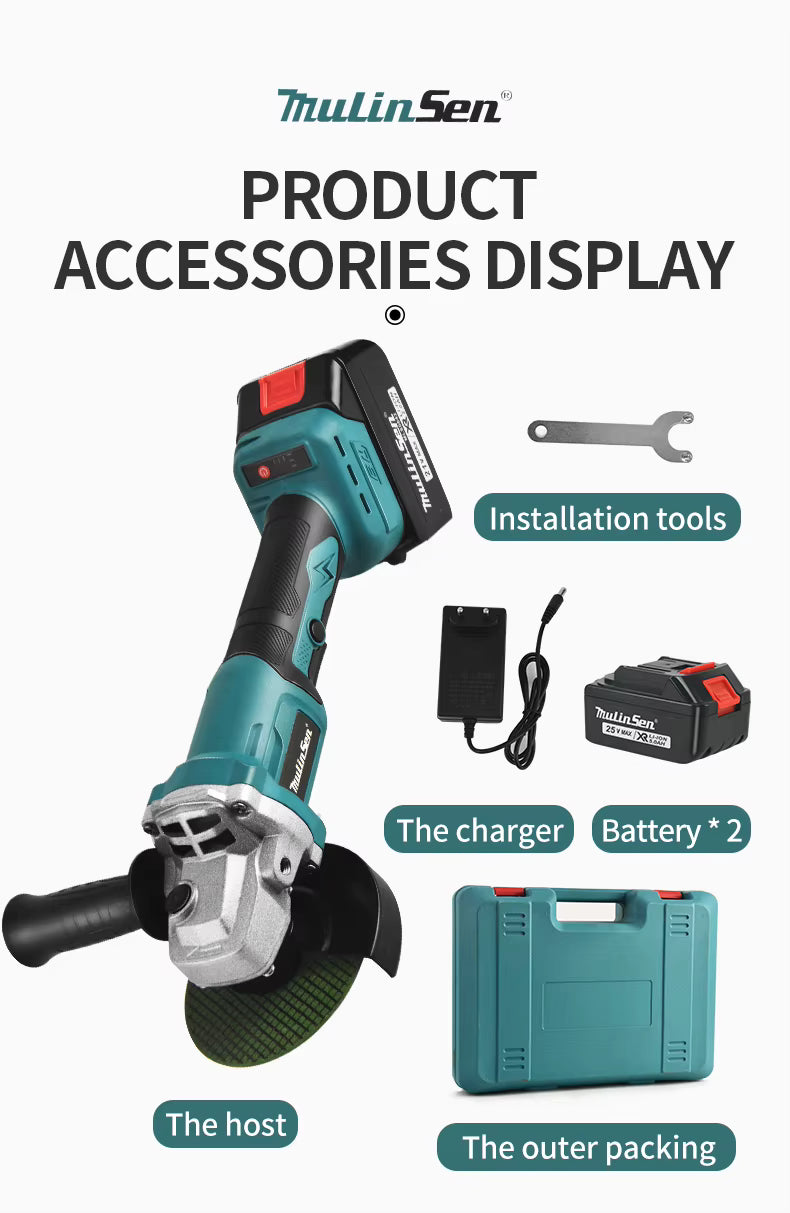 Smerigliatrice Angolare a Batteria 21V Brushless – Mulinsen | Disco 125mm | 2 Batterie al Litio | Motore Potente e Leggero per Taglio e Lucidatura