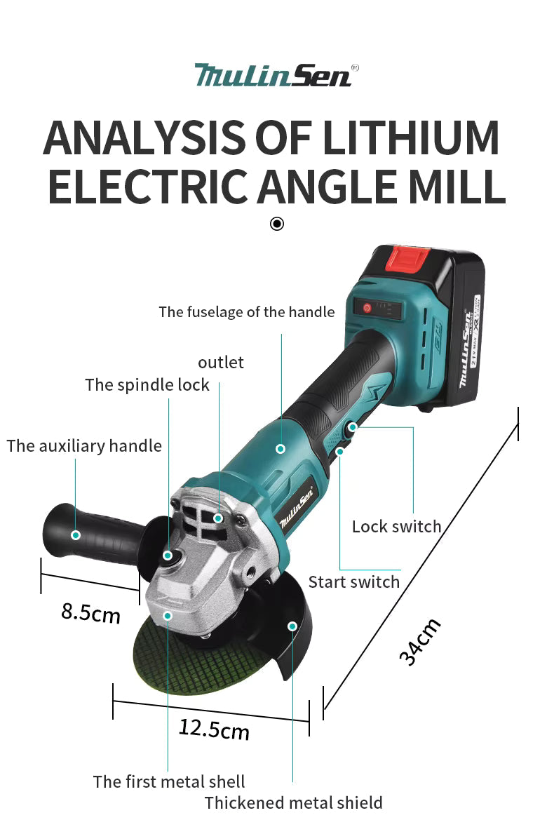 Smerigliatrice Angolare a Batteria 21V Brushless – Mulinsen | Disco 125mm | 2 Batterie al Litio | Motore Potente e Leggero per Taglio e Lucidatura